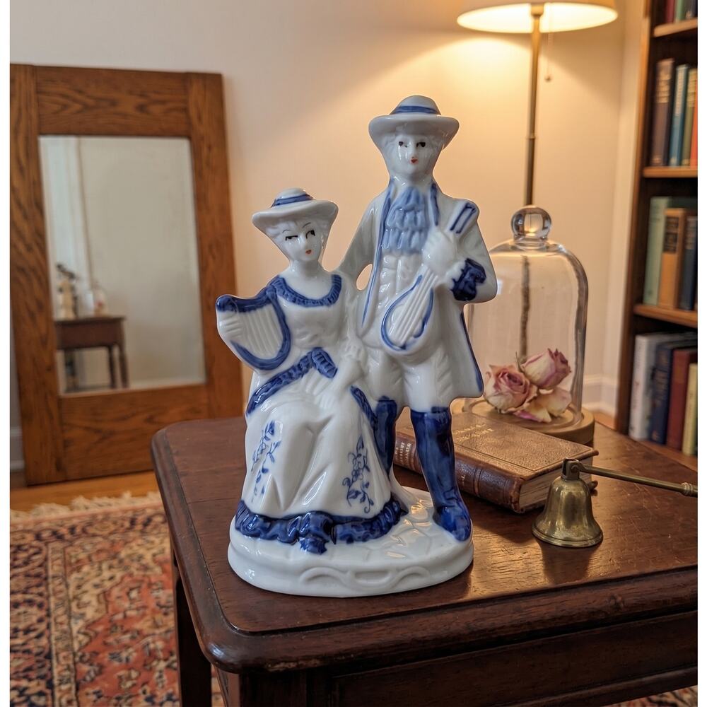Vintage Blue and White Porcelain Musician Couple Figurine 6" Colonial Decor